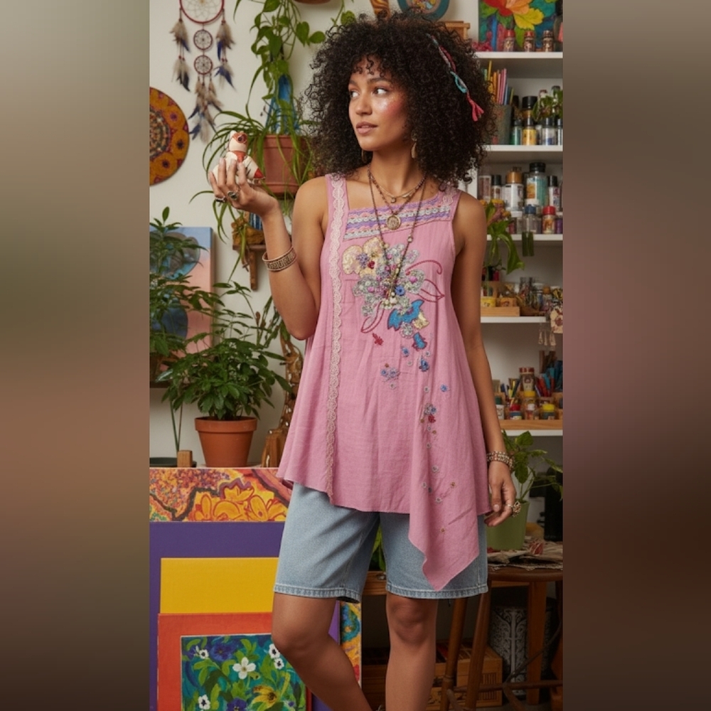 Boho crochet embroidered beaded pink mini dress size S